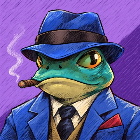 Illustrated portrait of Cosmo, a frog in a blue suit and fedora